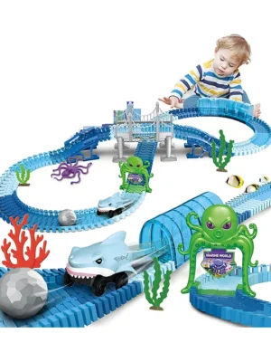 NEGOCIO 199 Pcs Track Car Adventure Playset Flexible Race Track with Bridge Tunnel Marine World Theme Shark Car Sea Creatures Ocean Adventure PACK OF 1 COLOR MAY VARY