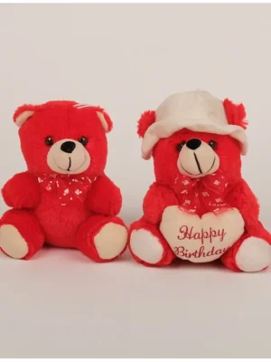 Dukiekooky Super Cute & Adorable Pack of 2 Red Teddy Bear Plush Toy Birthday Theme with Cap Plush Soft Toy Height 18 cm