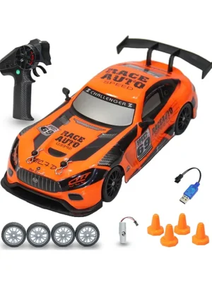 Vikrida 4WD RC Drift 1:24 Racing Car with LED Lights 2.4GHz Remote ControlDual Rechargeable Batteries & Extra Drifting Tires Orange