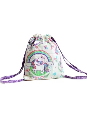 Silverlinen Quilted Cotton Drawstring Bag Unicorn and Rainbows Print Mullticolor 11 Inches