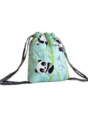 Silverlinen Quilted Cotton Drawstring Bag Panda Village Print Green 11 inches