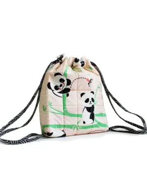 Silverlinen Quilted Cotton Drawstring Bag Panda Village Pink 11 inches
