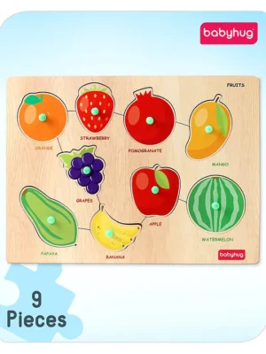 Premium 9 pcs Wooden Board Fruit puzzle for ToddlersMontessori Educational and Learning Toy Shape Matching Puzzle Preschool Colorful Knob and Peg PuzzleBIS Certified18+ months