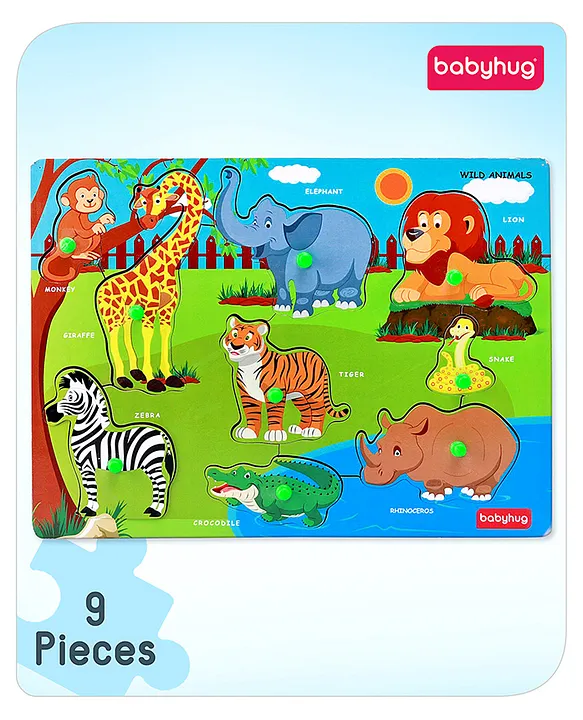 Premium 9 pcs Wooden Board Wild Animals puzzle for ToddlersMontessori Educational and Learning Toy Shape Matching Puzzle Preschool Colorful Knob and Peg PuzzleBIS Certified18+ months