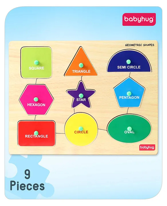 Premium 9 pcs Wooden Board Geometric Shapes puzzle for ToddlersMontessori Educational and Learning Toy Shape Matching Puzzle Preschool Colorful Knob and Peg PuzzleBIS Certified18+ months