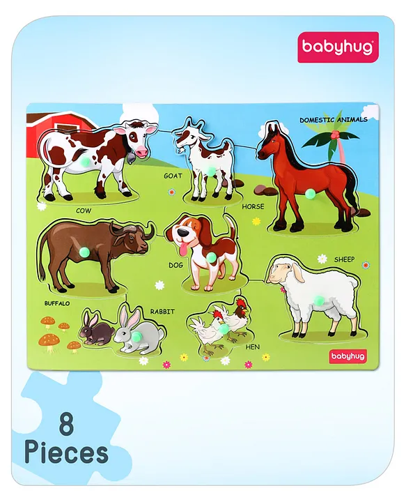 Premium 8 pcs Wooden Board Domestic Animals puzzle for ToddlersMontessori Educational and Learning Toy Shape Matching Puzzle Preschool Colorful Knob and Peg PuzzleBIS Certified18+ months
