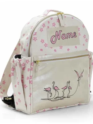 Mi Dulce An'ya Printed School Bag Flamingo Embroidery White Pink 16 Inches