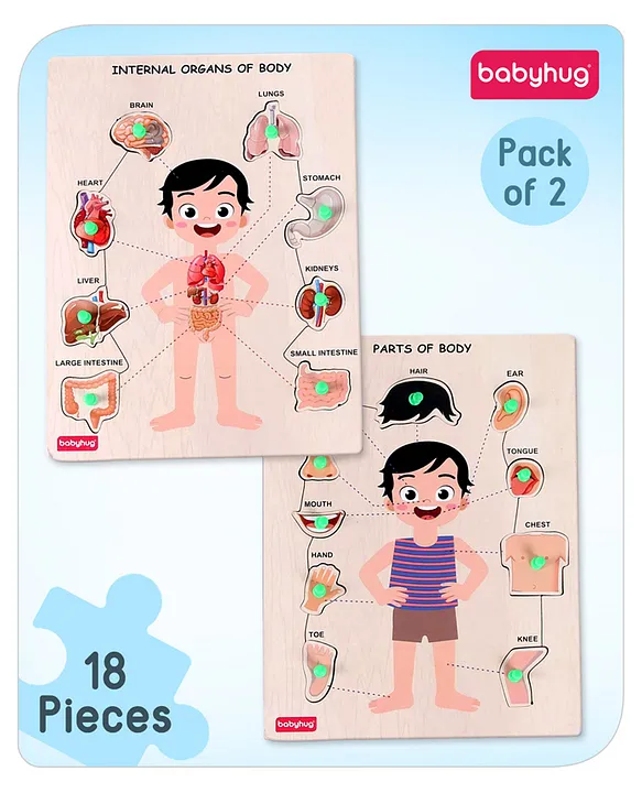 Premium Wooden Body Parts 18 Pieces Puzzle Pack of 2Educational and Learning Montessori ToyKnob and Peg Pre School PuzzleBIS Certified2 Years+
