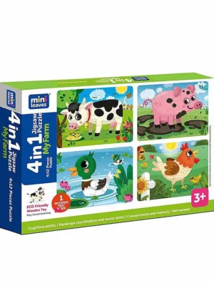 Mini Leaves 48 Pieces 4 in 1 Farm Animals Wooden Puzzle with Wooden Tray