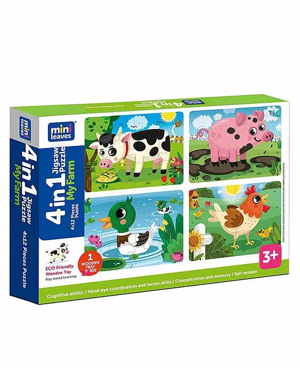 Mini Leaves 48 Pieces 4 in 1 Farm Animals Wooden Puzzle with Wooden Tray