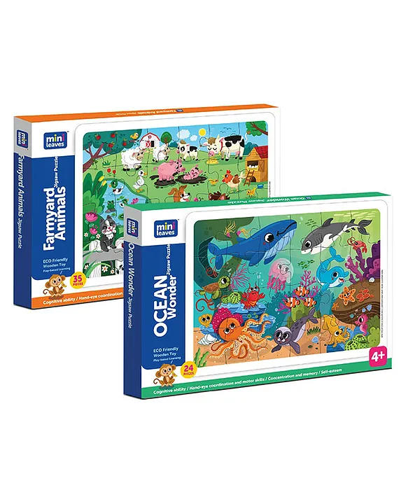 Mini Leaves 59 Pieces 2 in 1 Combo Birthday Gift Wooden Jigsaw Puzzles Farm Animal and Ocean Animal